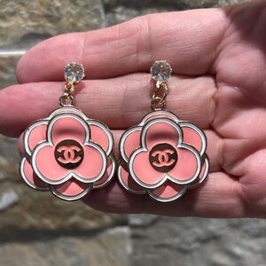 Pink Camellia Flower Drop Earrings with Gold